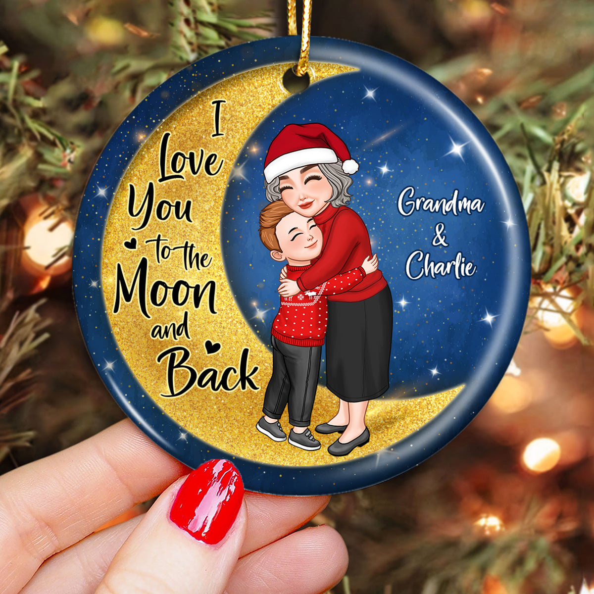Grandma Grandkid Hugging On Watercolor Moon Personalized Circle Ornament