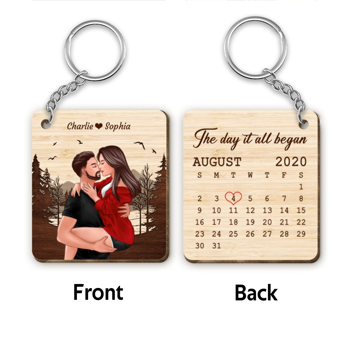 Man Holding Woman Kissing Anniversary Calendar Gift Personalized Wooden Keychain