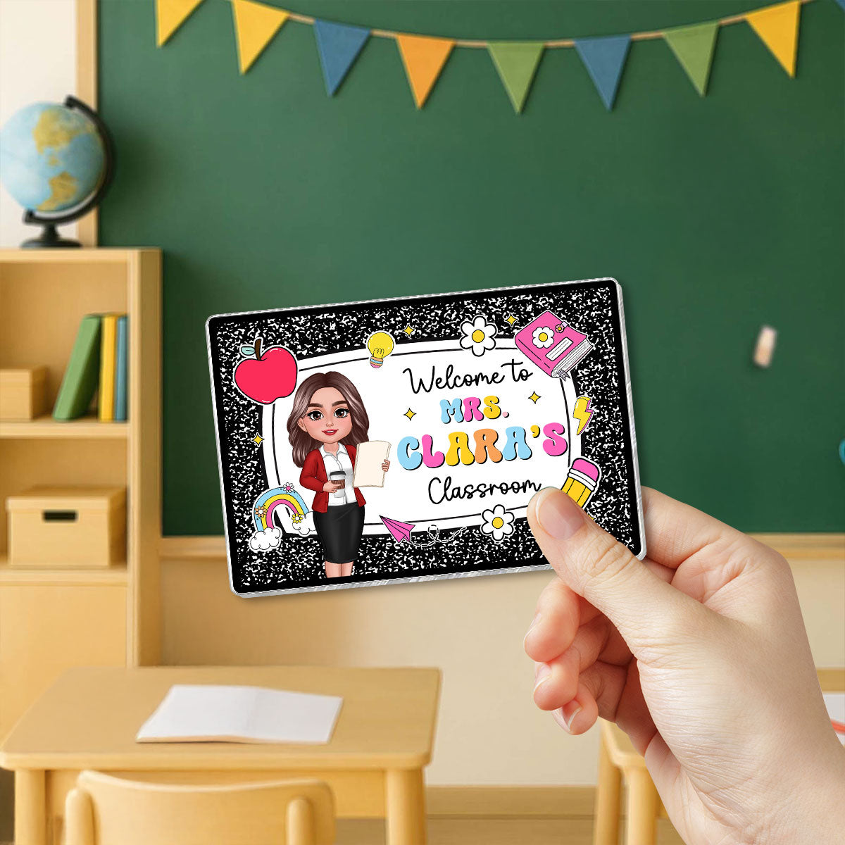 Teacher Composition Book Pattern Personalized Acrylic Whiteboard Magnet, Classroom Decor