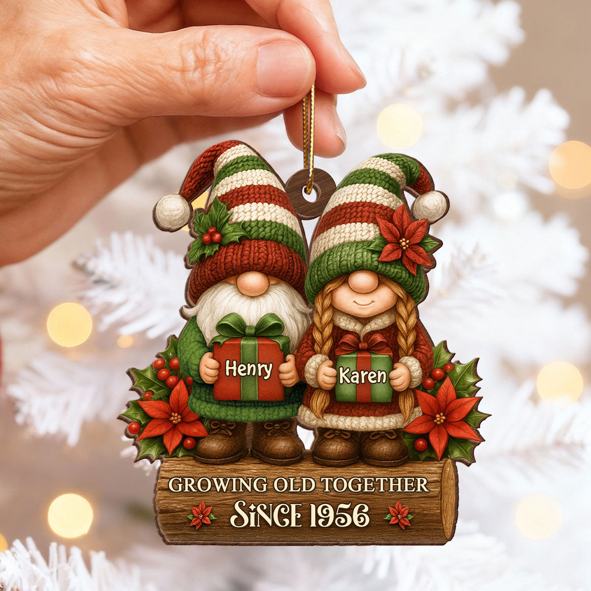 Gnome Couple Growing Old Together - Personalized Wooden Ornament - Christmas Gift for Husband, Wife