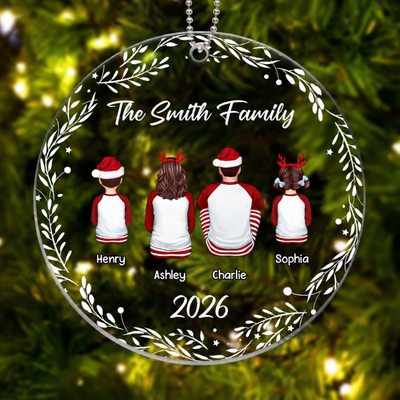 Family Sitting Back View White Frame Personalized Acrylic Ornament