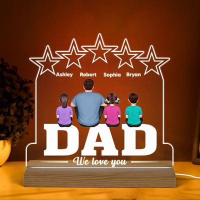 Back View Man & Kids Sitting On Word Five Star Personalized Custom Shaped Acrylic Plaque With Warm LED Night Light
