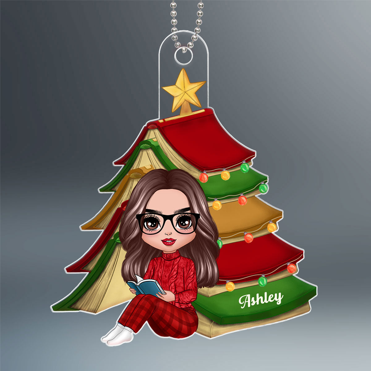 Christmas Book Tree Reading Girl Sitting Personalized Acrylic Ornament