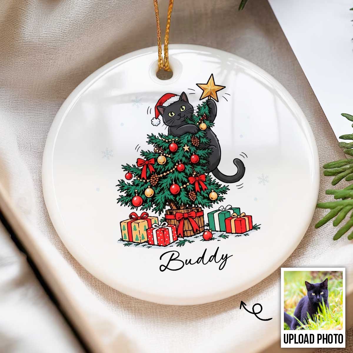 Cute Dog Cat On Christmas Tree Upload Photo - Personalized Ceramic Ornament - Funny Gift For Dog Lover, Cat Lover