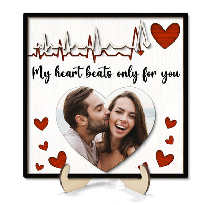 My Heart Beats Only For You Couple Photo Valentine‘s Day Gift For Him For Her Personalized 2-Layer Wooden Plaque