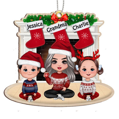 Grandma & Grandkids At Fireplace Personalized Wooden Ornament