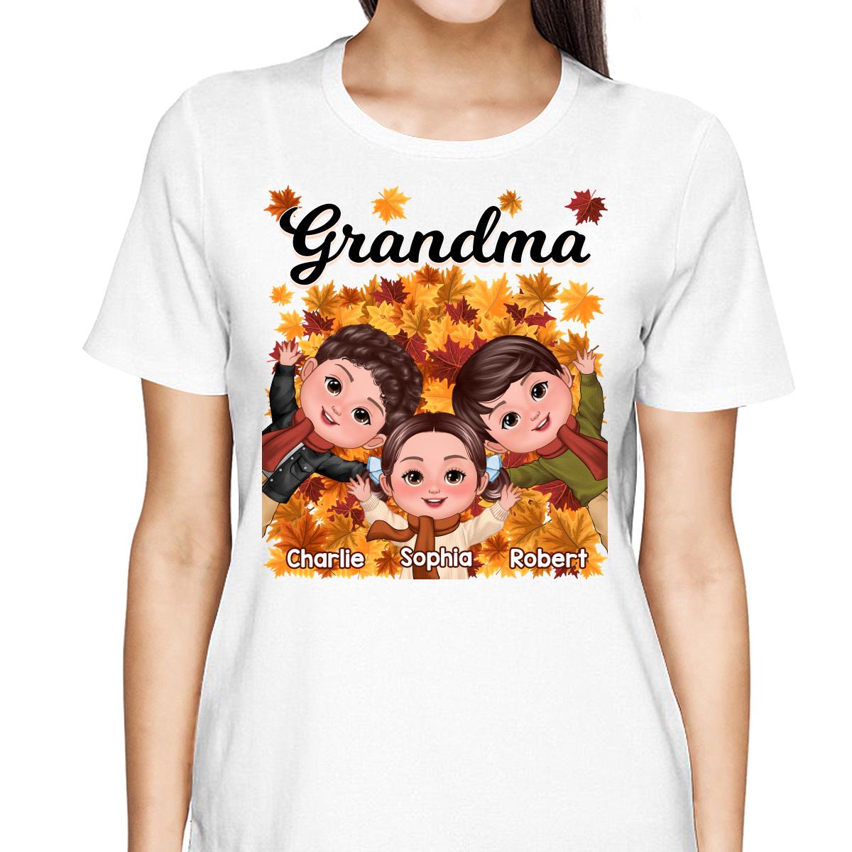 Happy Kids Laying On Fall Leaves Grandma Mom Personalized Shirt