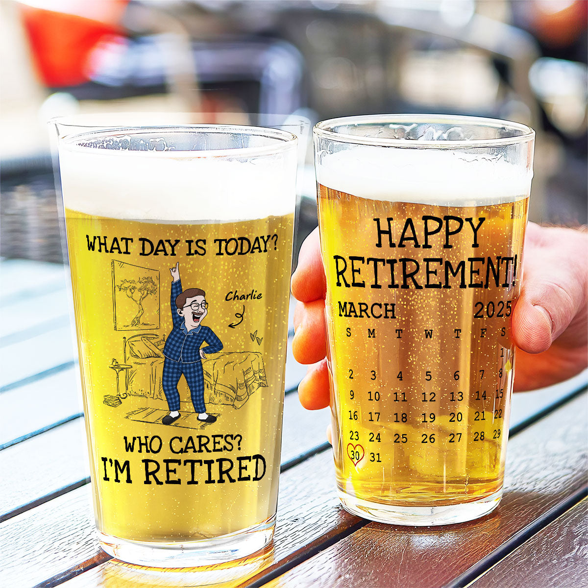 What Day Is Today Who Cares Funny Retired Old Man Woman Custom Calendar Personalized Beer Glass, Retirement Gift