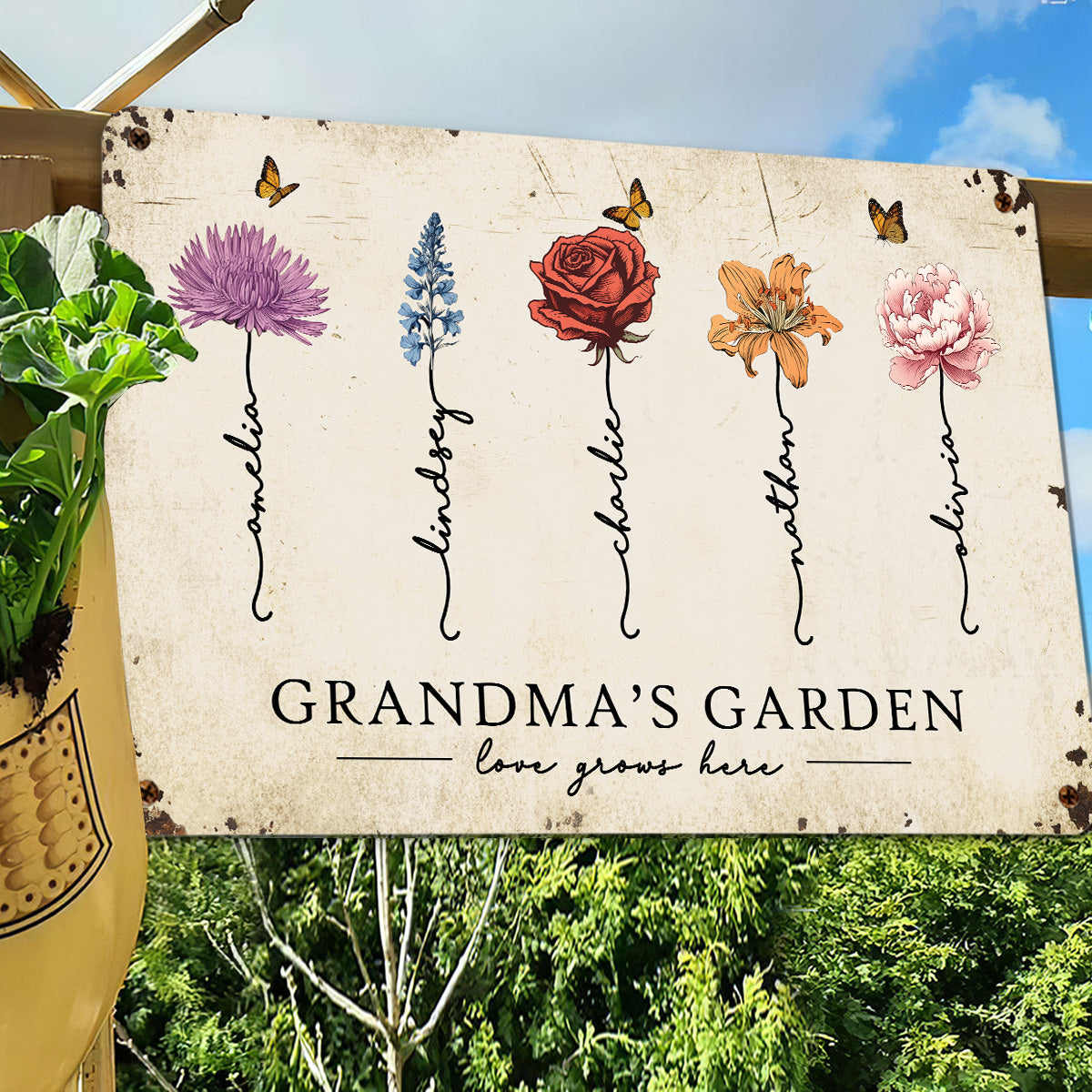 Grandma‘s Garden Love Grows Here Beautiful Birth Month Flower Gift For Grandma Mom Personalized Metal Sign