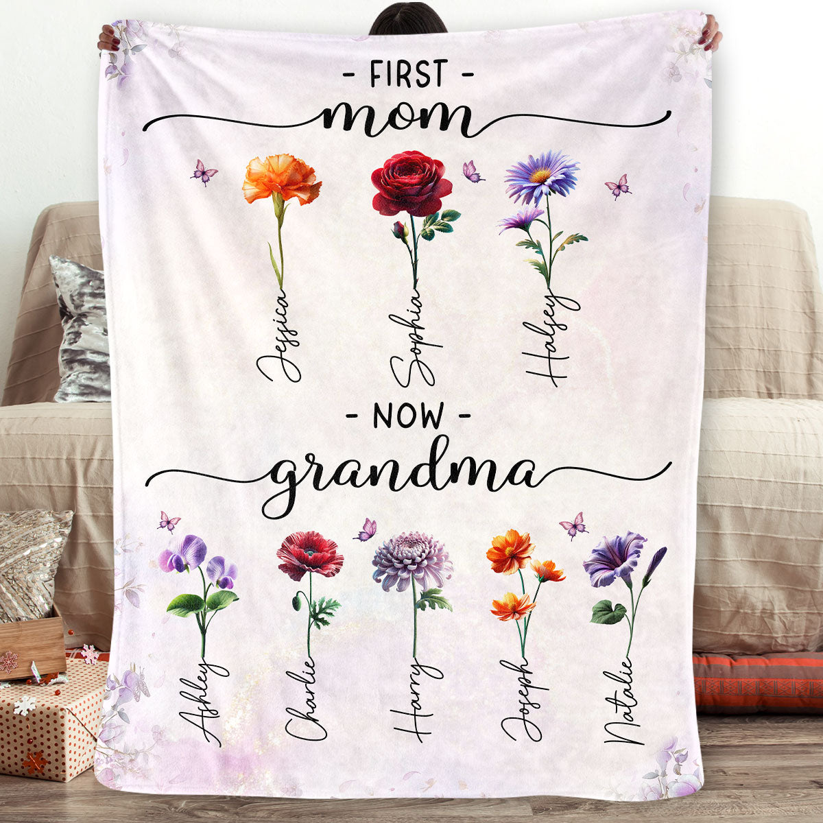 First Mom Now Grandma Beautiful 3D Effect Birth Month Flowers Personalized Fleece Blanket