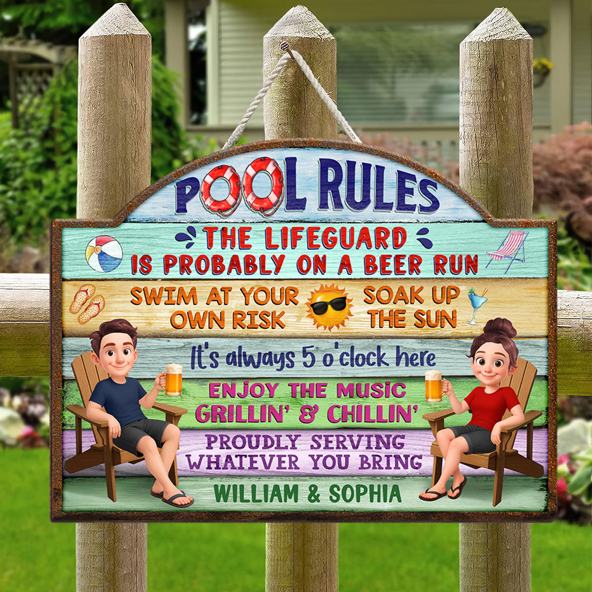 Cute Cartoon Couple Family Pool Rule Personalized Wood Sign