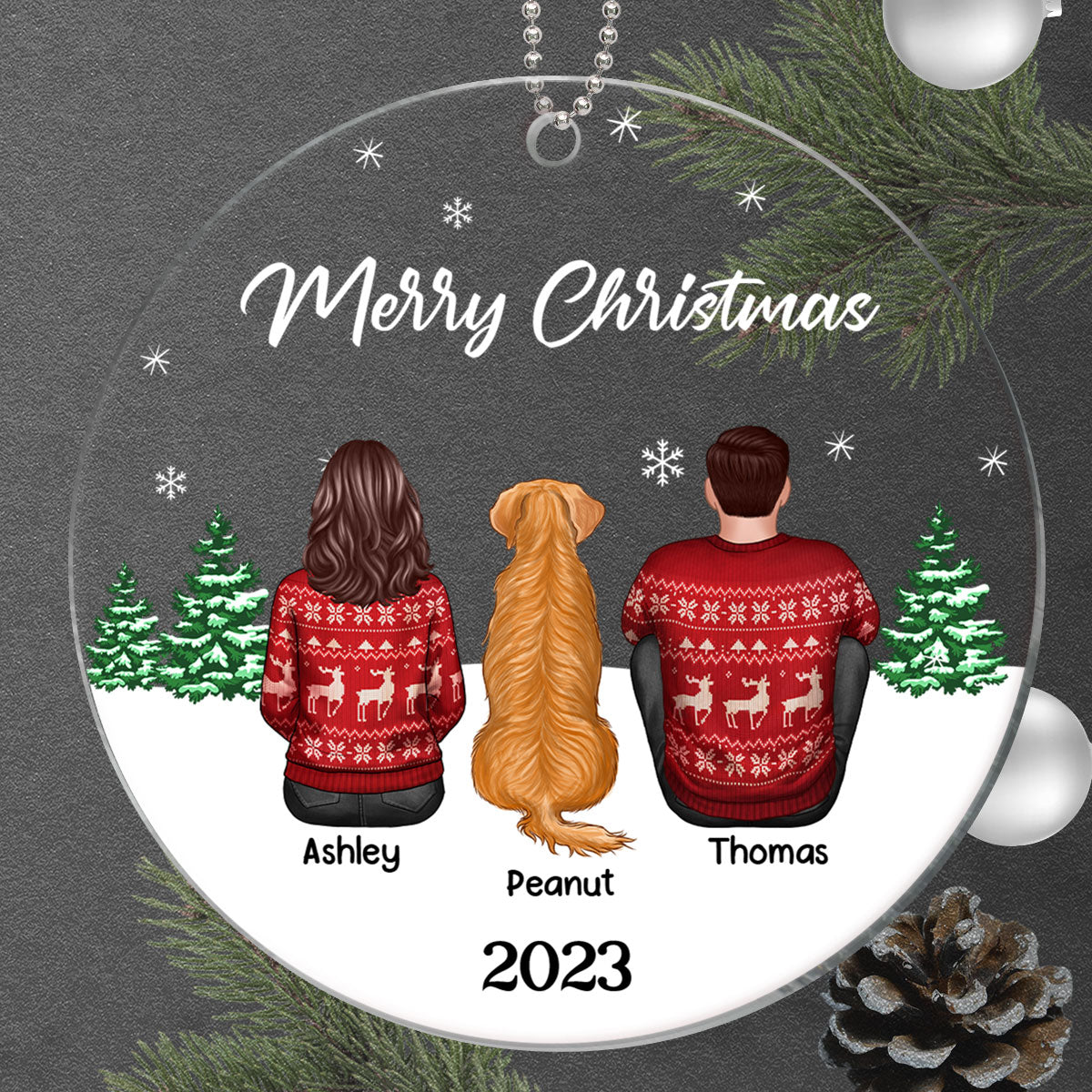 Merry Christmas Man Woman Couple & Dogs Cats Personalized Circle Acrylic Ornament