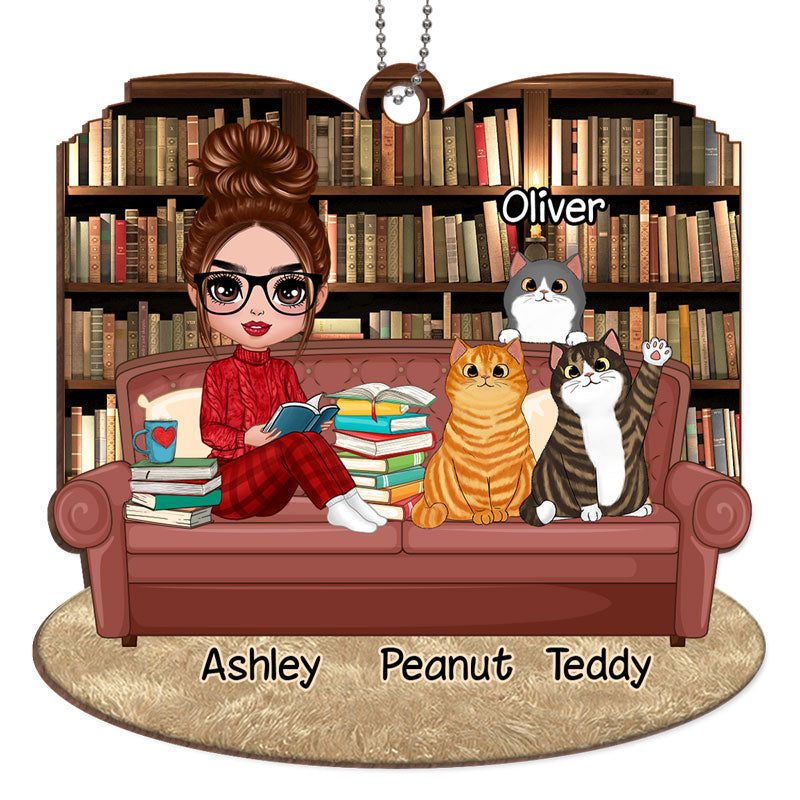 Doll Girl Reading Book With Cats Personalized Wooden Ornament