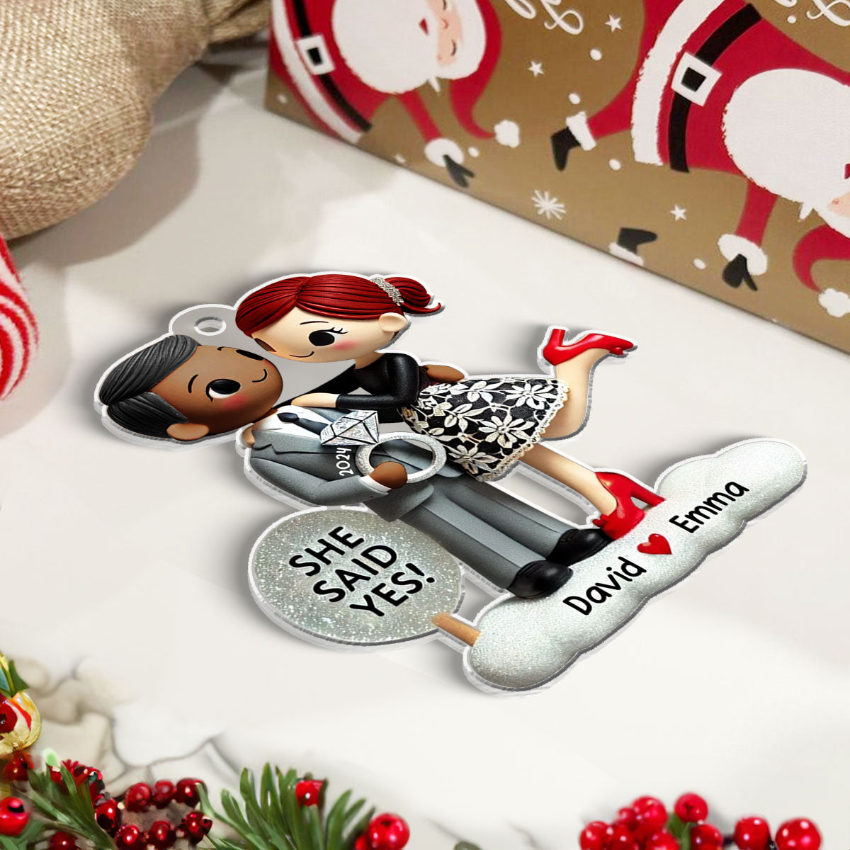 Engagement Ornament She Said Yes Personalized Couple's Engagement Christmas, 2D Flat Acrylic Ornament