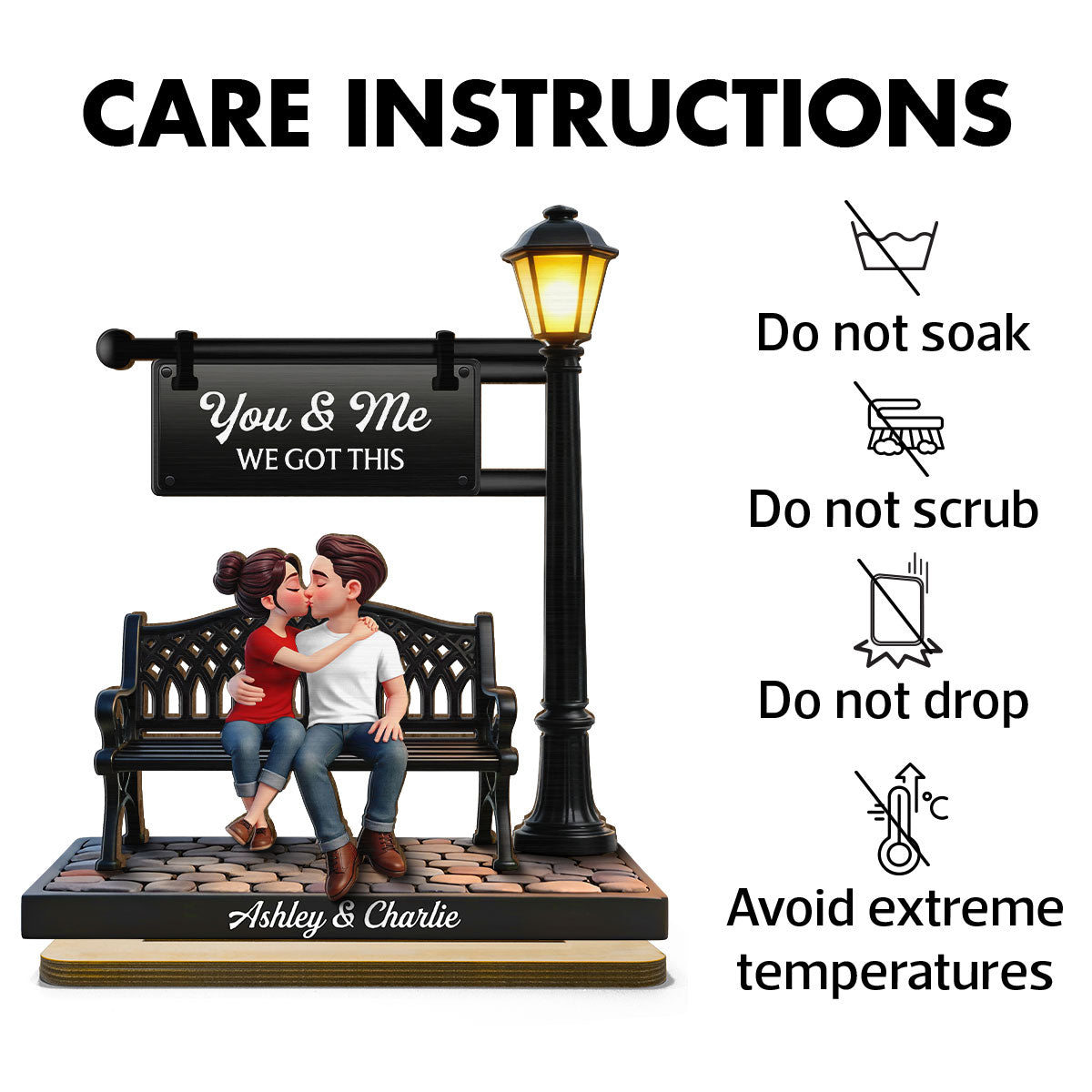 Everlasting Love Couple Sitting Kissing Under Lamp Post - Personalized 2-Layered Wooden Plaque - Heartfelt Gift For Couple