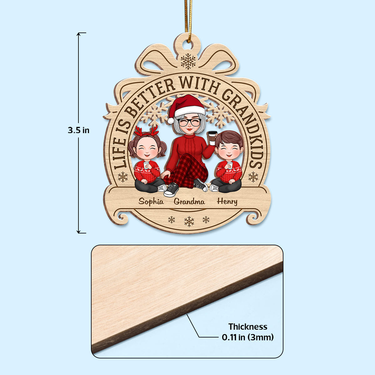 Cute Grandma Grandkids Sitting Ribbon Personalized Wooden Ornament