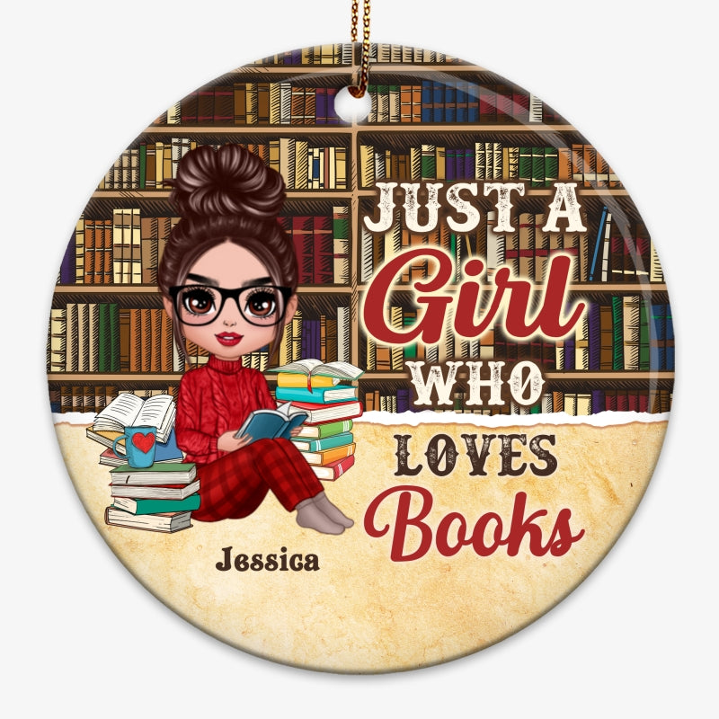 Girl Reading Books Bookshelf Background Personalized Circle Ornament