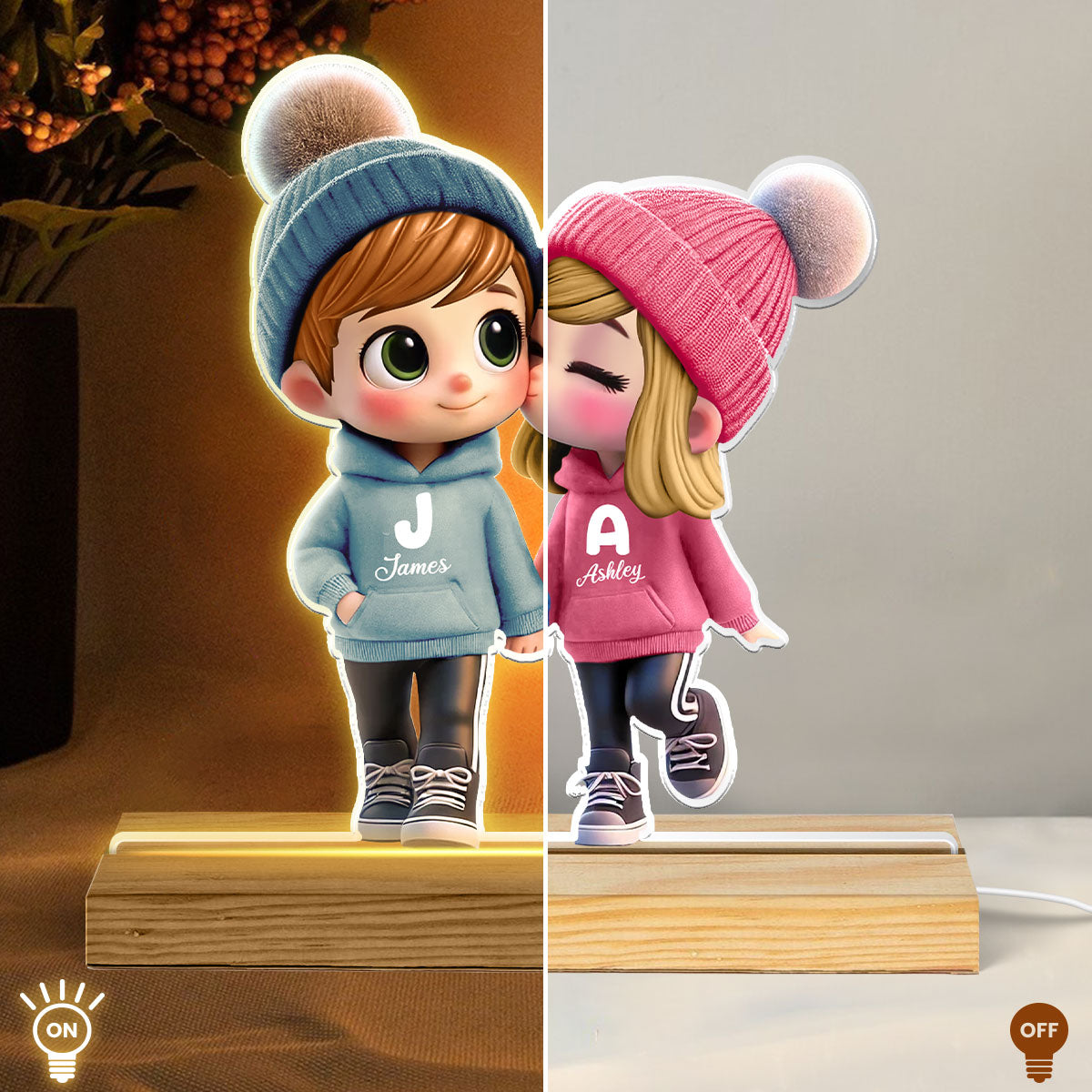 3D Effect Cute Cartoon Couple Walking Personalized Custom Shaped LED Night Light,  Gift for Him, Gift for Her