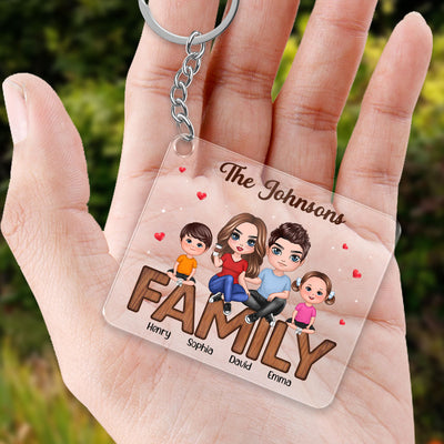 Doll Family Couple Kid Dog Cat Sitting On Text Personalized Acrylic Keychain
