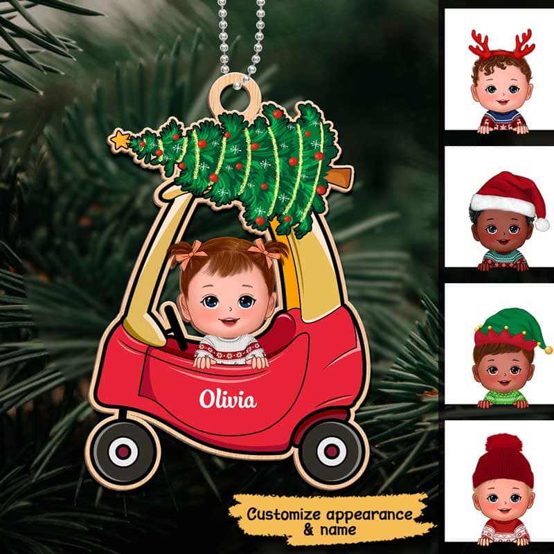 Baby In Christmas Car Toy First Christmas Personalized Wooden Ornament