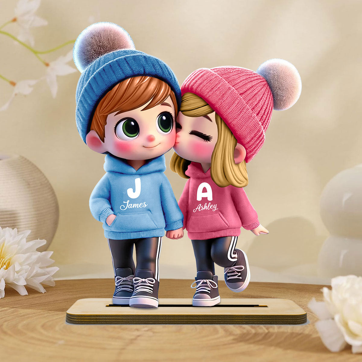 3D Effect Cute Cartoon Couple Walking Personalized Standing Wooden Plaque,  Gift for Him, Gift for Her
