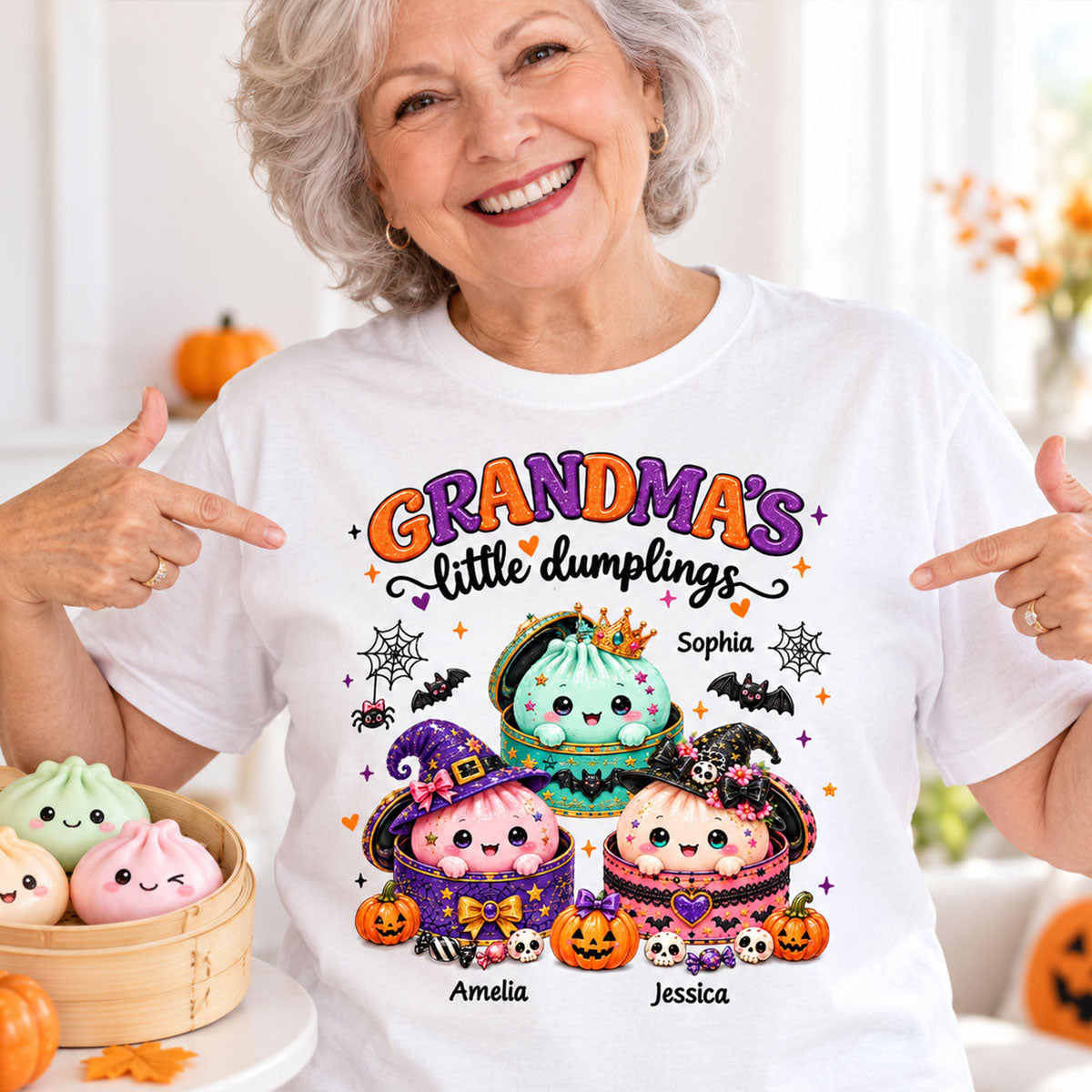 Grandma's Little Dumplings - Personalized Shirt - Trendy Fall Halloween Tee for Grandma