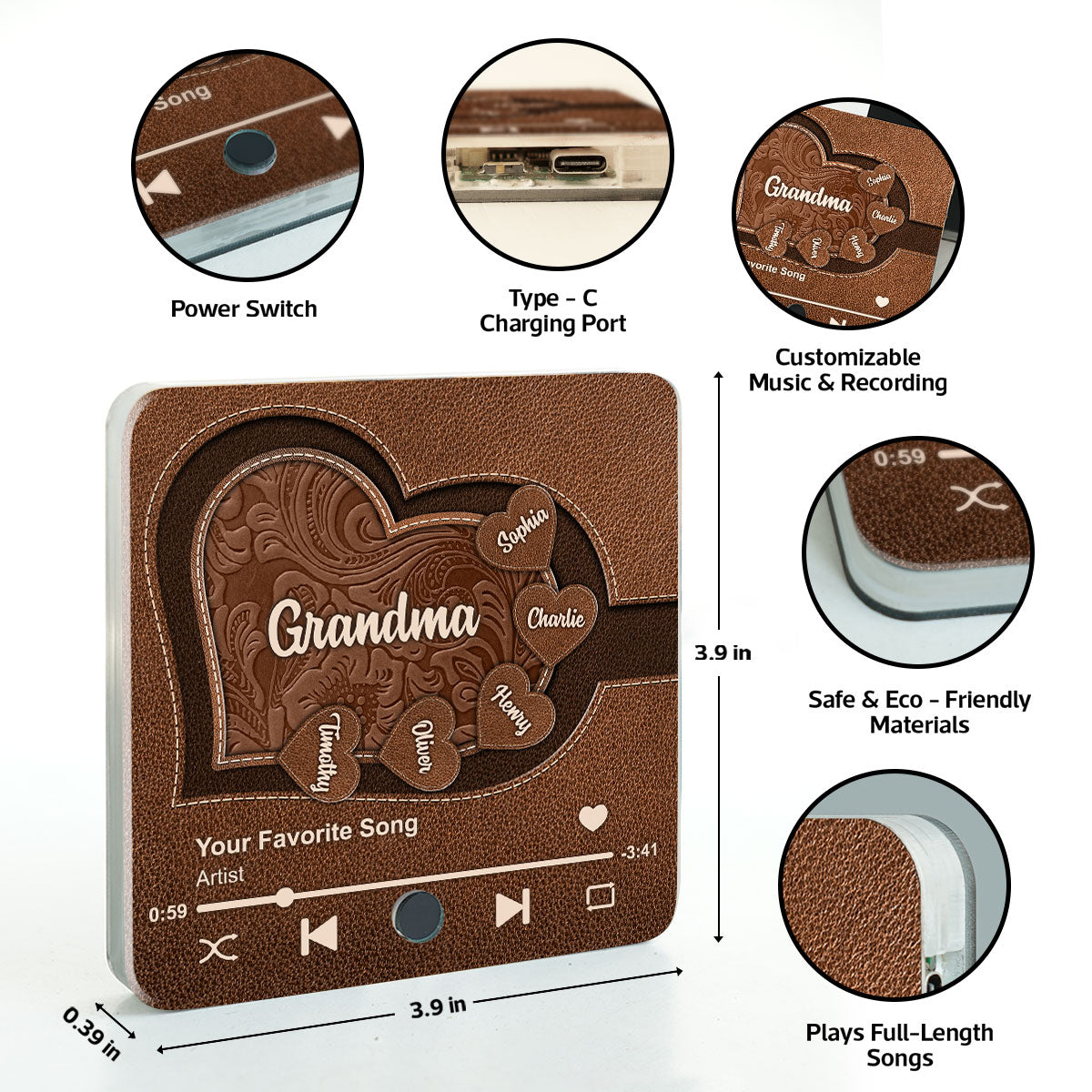 Grandma's Little Sweethearts, Leather Effect Printed Personalized Music Fridge Magnet, Custom Any Song You Want, Birthday, Gift for Grandma