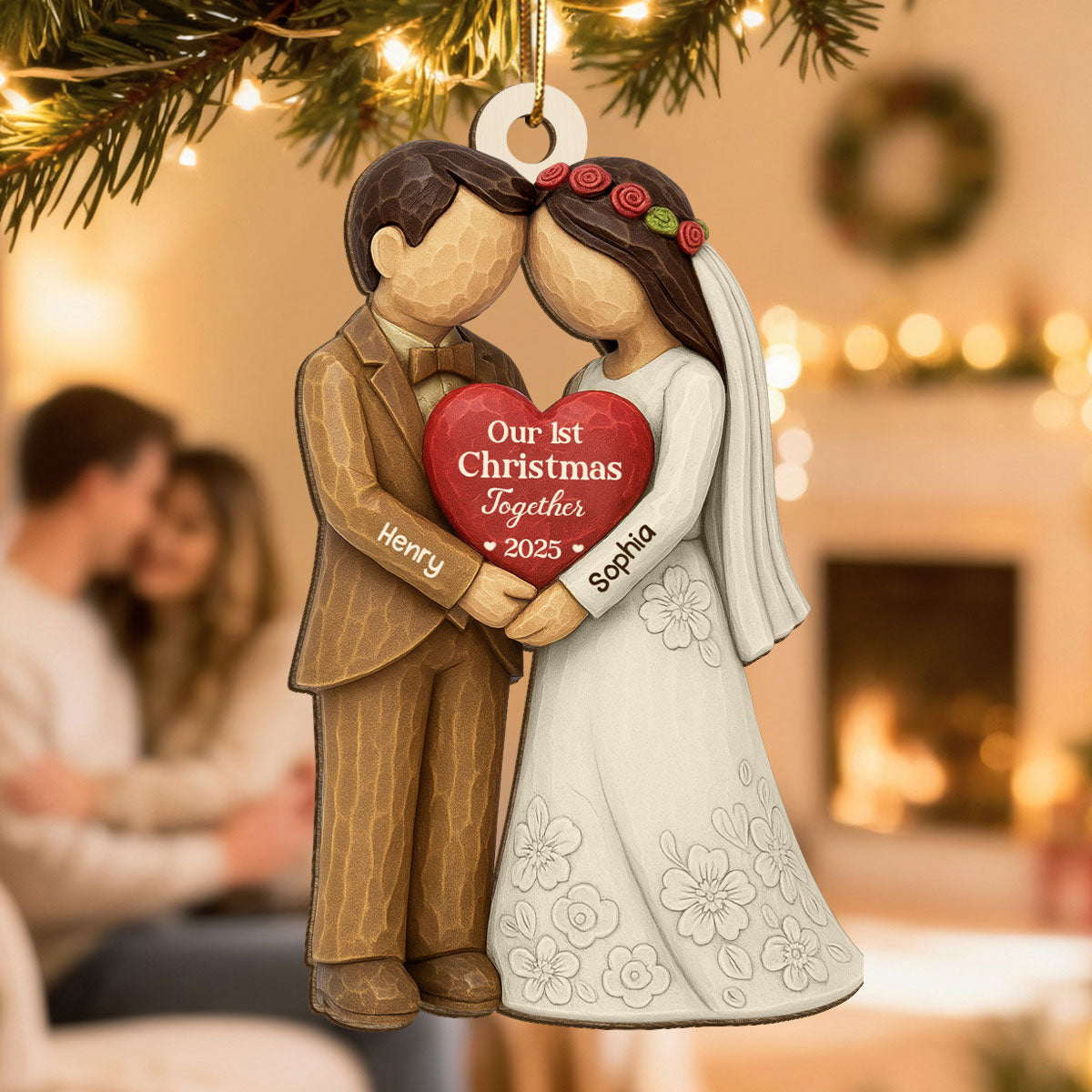 3D Effect First Christmas Married Engaged Couple - Personalized Wooden Ornament - Christmas Gift for her, for him, Newlyweds Gift