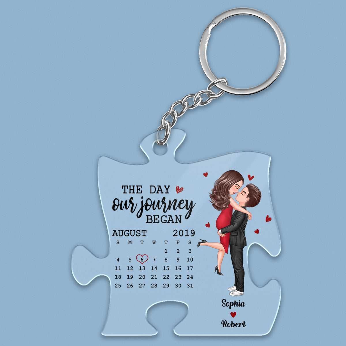 The Missing Piece Couple Kissing Anniversary Date Calendar Personalized Puzzle Shaped Acrylic Keychain - Gift For Him, Gift For Her