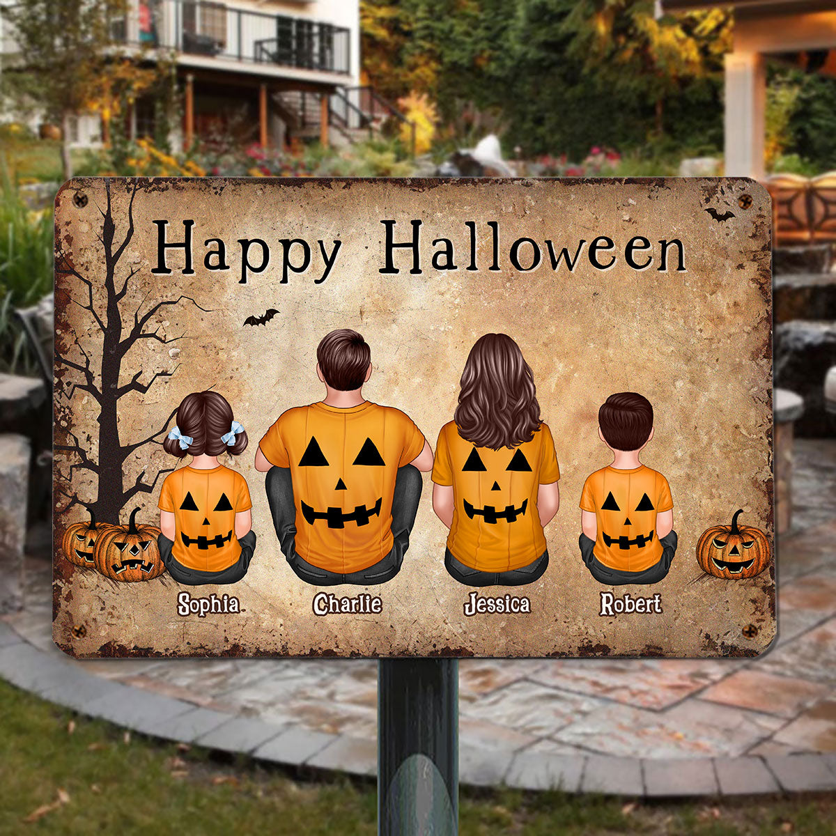Halloween Family Sitting Personalized Metal Sign, Halloween Decoration