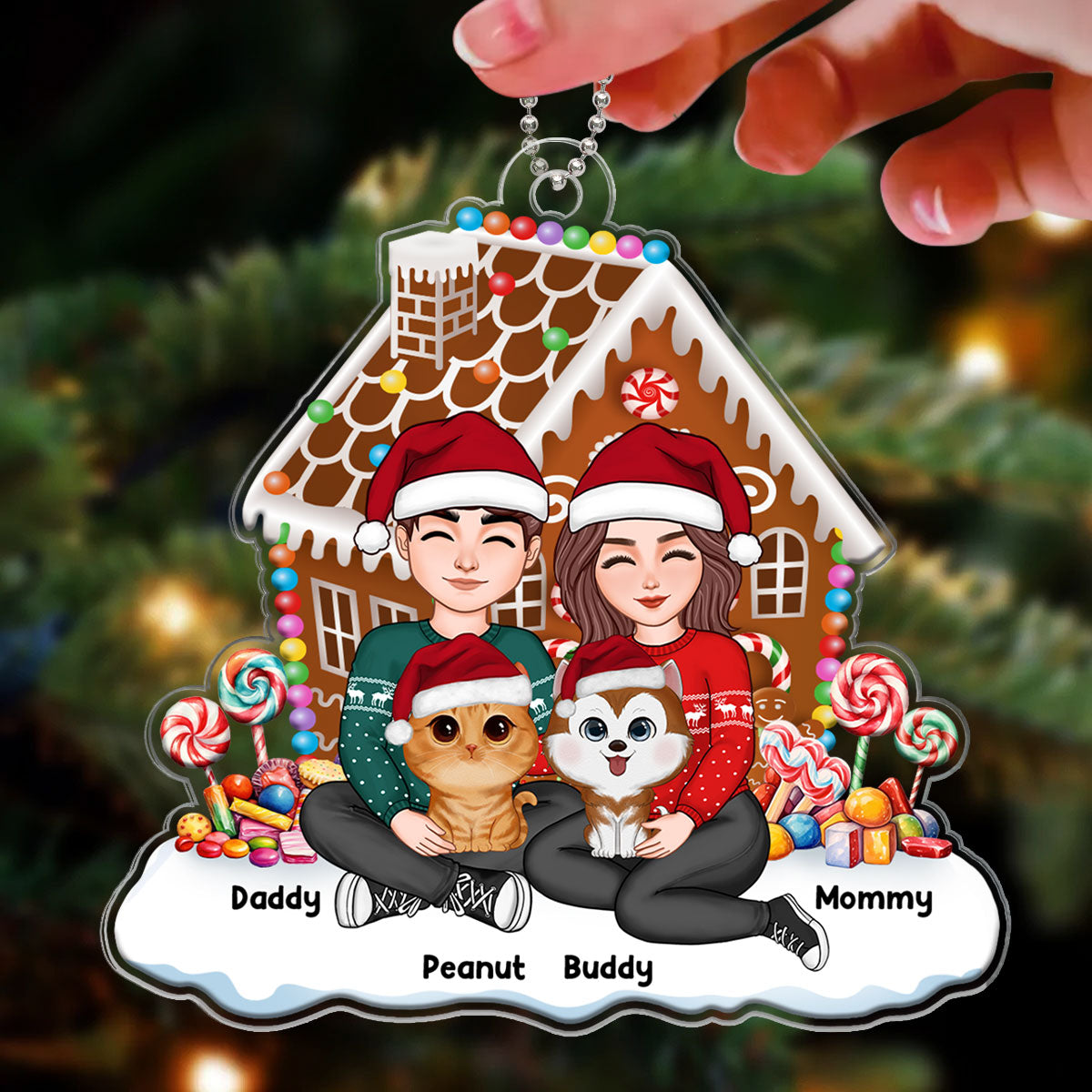 Gingerbread House Couple And Dogs Cats Personalized Acrylic Ornament