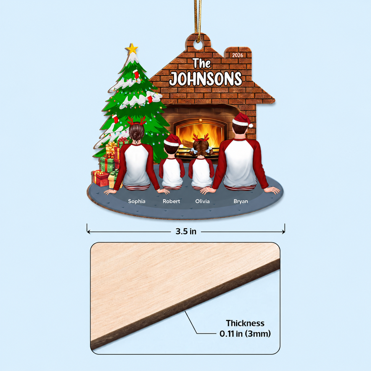 Pajamas Whole Family Sitting At Fireplace Personalized Wooden Ornament