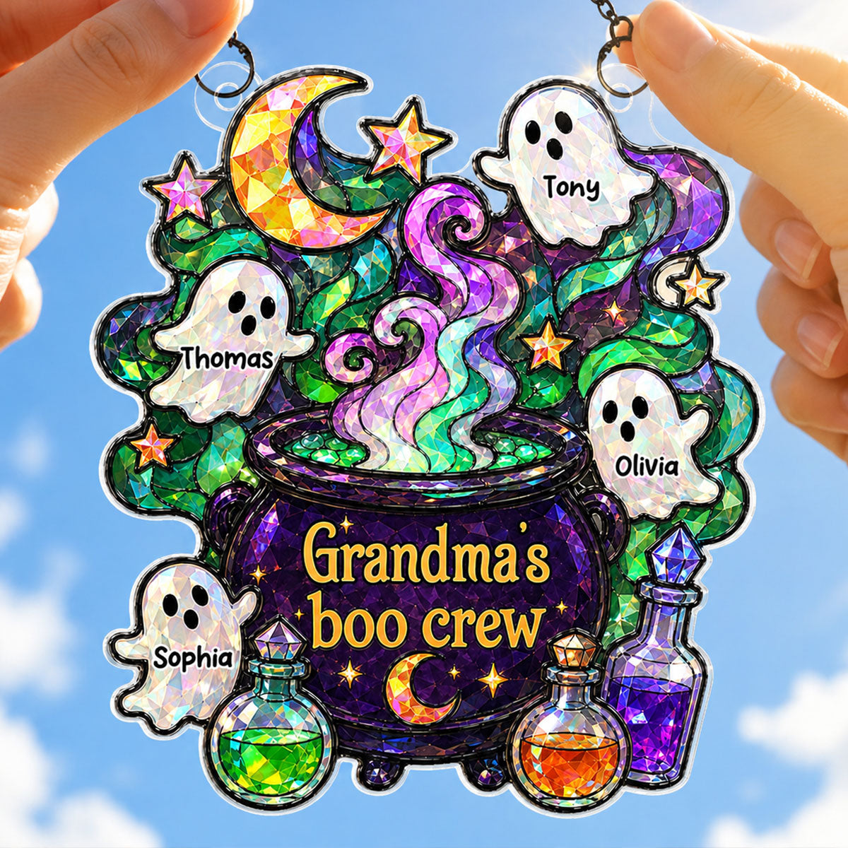 Mysterical Grandma's Boo Crew Cauldron - Personalized Window Hanging - Halloween Decoration For Grandma