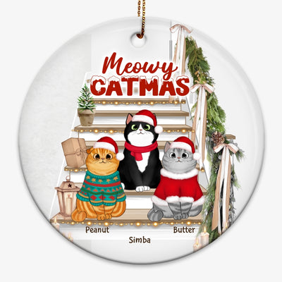 Christmas Fluffy Cats On Stair Personalized Circle Ornament