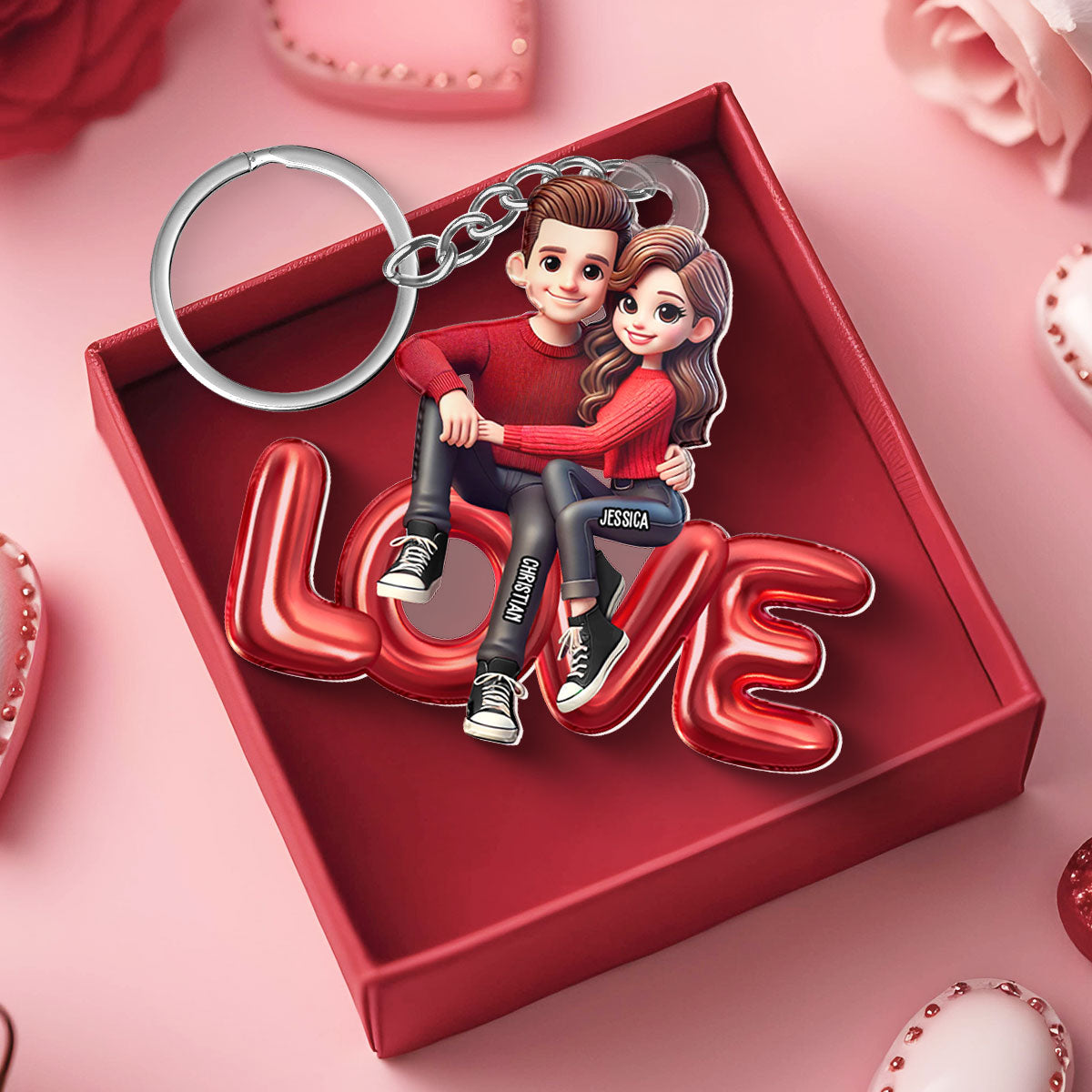 3D Effect Couple Sitting On LOVE Personalized Acrylic Keychain,  gift, Anniversary Gift for Couples
