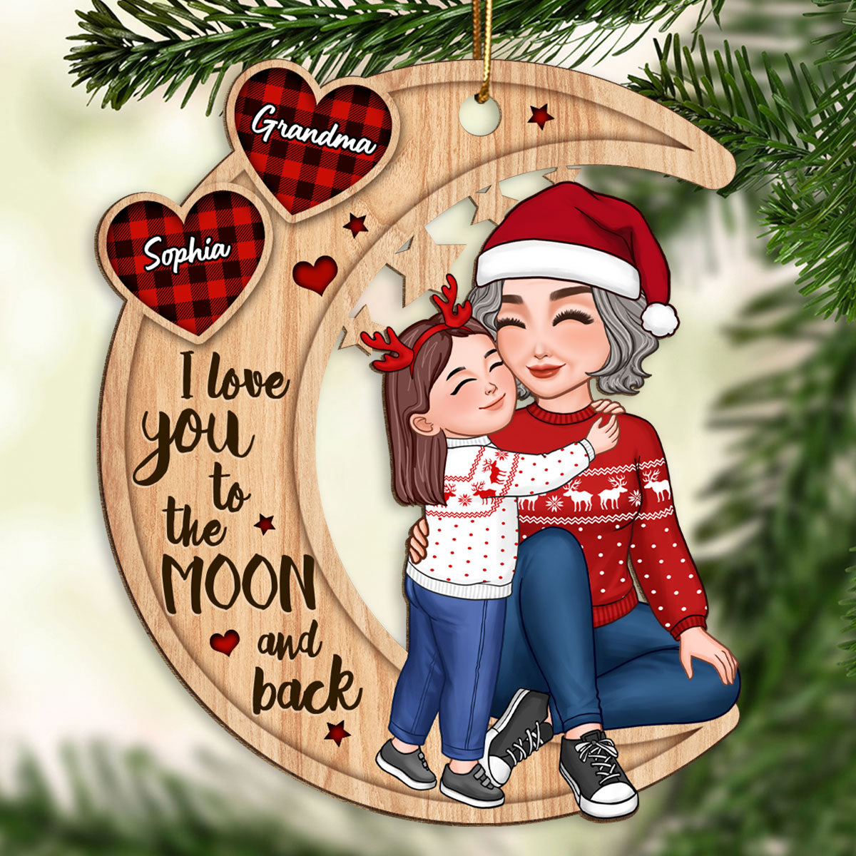 Checkered Pattern Heart Cute Grandkid Hugging Sitting Grandma On Moon Personalized Wooden Ornament