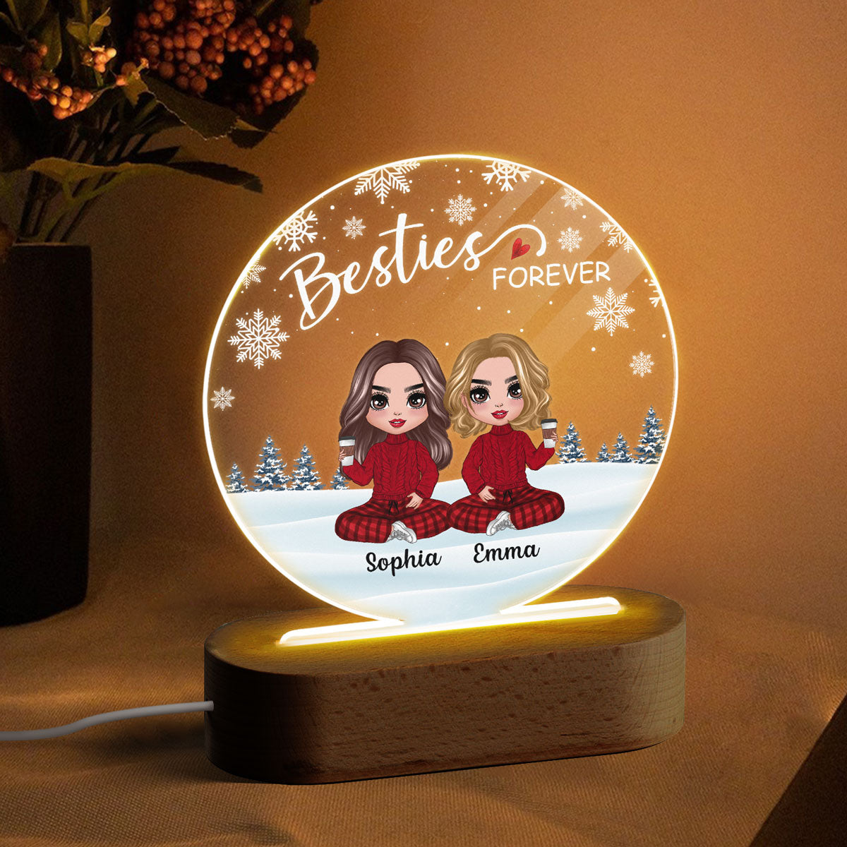 Doll Besties Sitting Snow Background Personalized Circle Acrylic Plaque LED Lamp Night Light