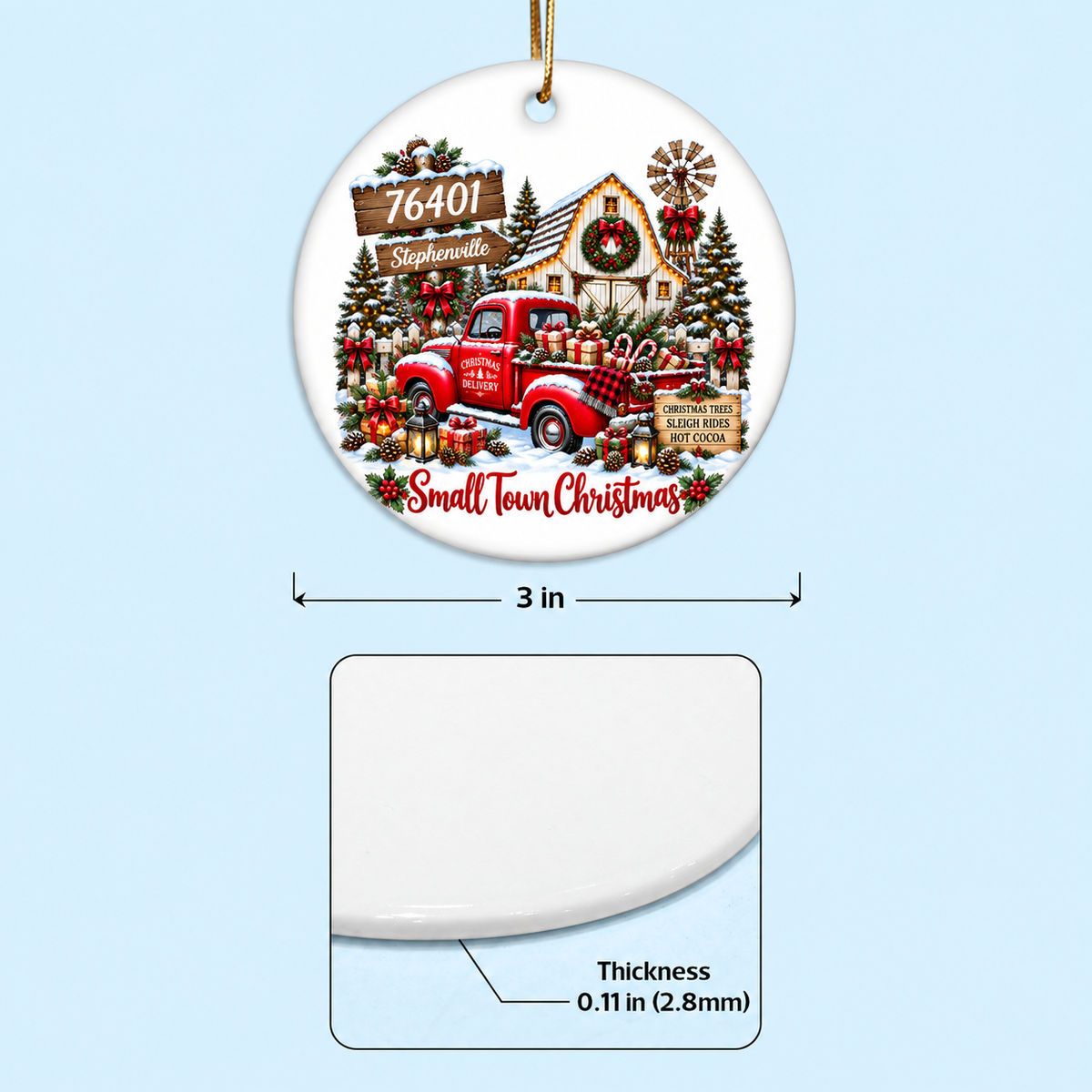 Custom Zip Code Small Town Christmas - Personalized Ceramic Ornament - Trendy Christmas Holiday Tee, Town Pride
