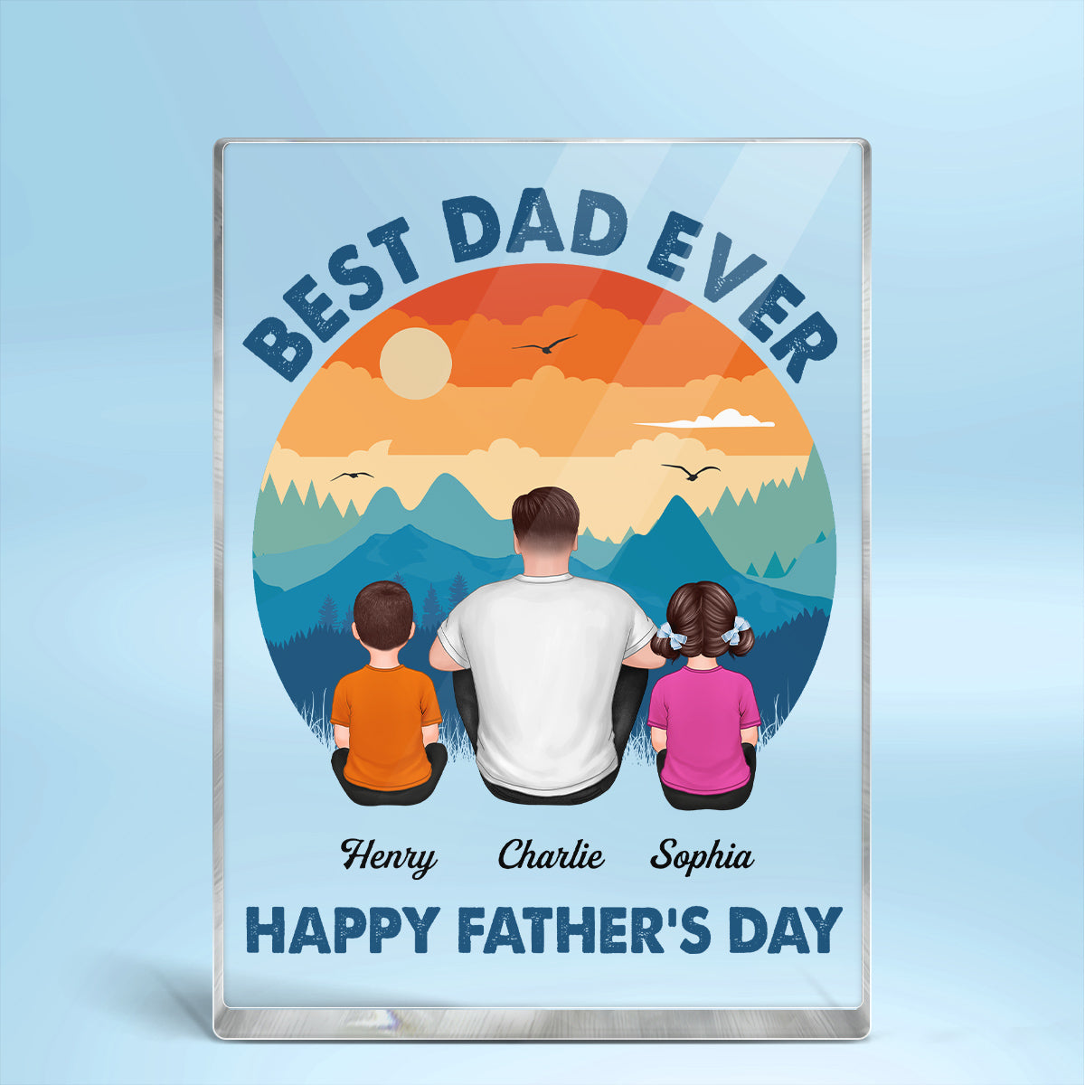 Retro Best Dad Ever Happy Father‘s Day Back View Man Sitting With Kids Dogs Cats Personalized Vertical Rectangle Acrylic Block Plaque