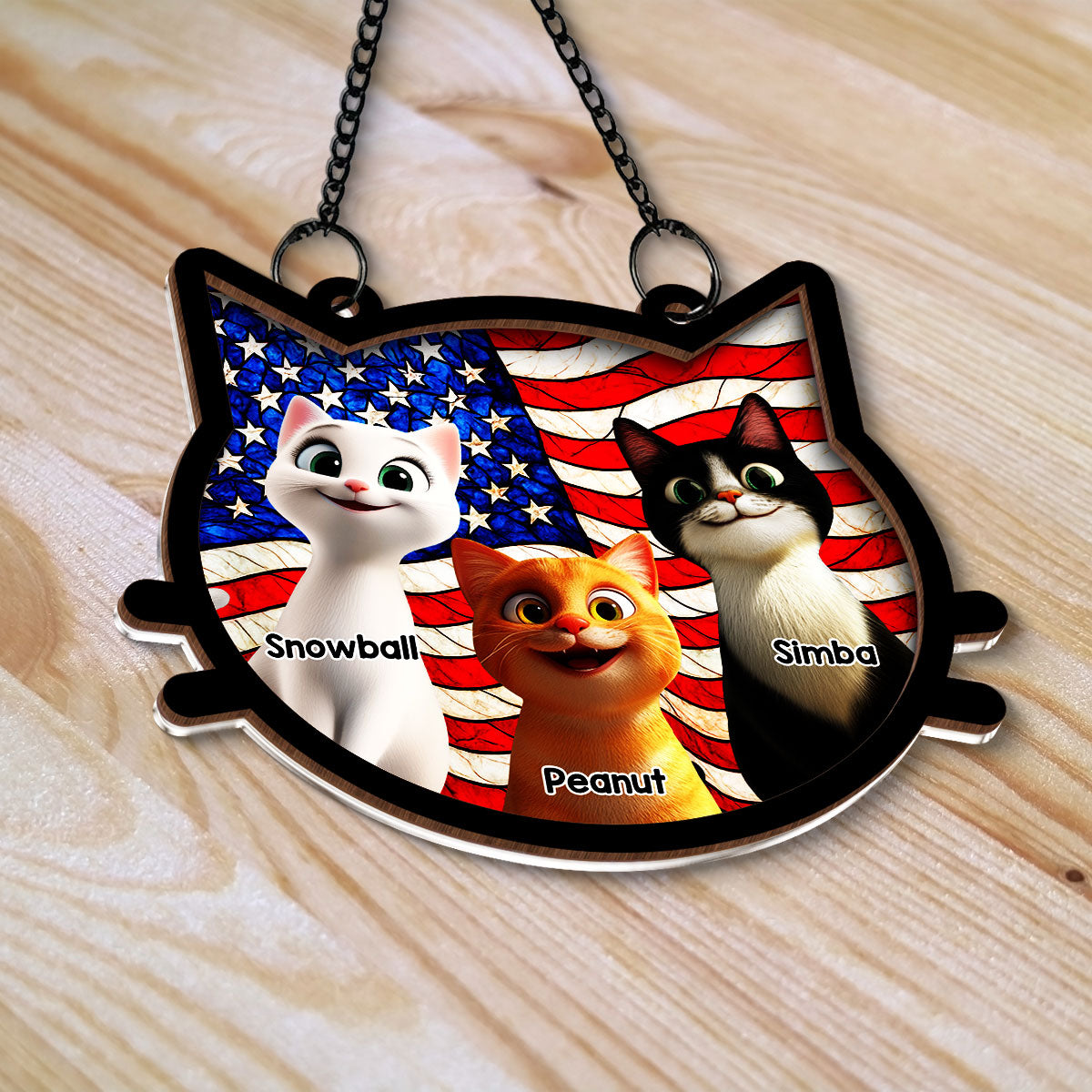 Cat Face Shape Nation Flag Personalized Suncatcher, 4th Of July Decoration