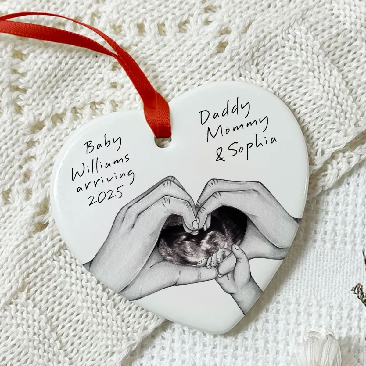 Pregnancy Baby Bump Christmas Tree Decoration, Last Christmas as a Family of 3, Baby Scan Photo Ceramic Ornament, Baby Arriving Next Year