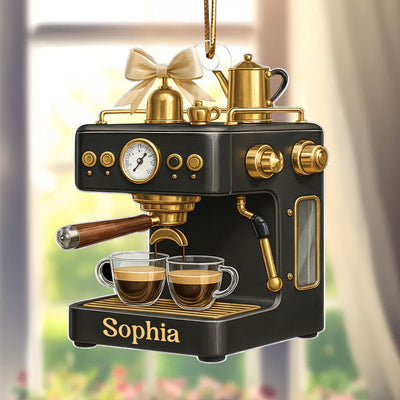 Espresso Machine Mini Vintage Coffee Maker Diorama With Cups - Personalized Acrylic Ornament - Gift For Baristas And Coffee Lovers