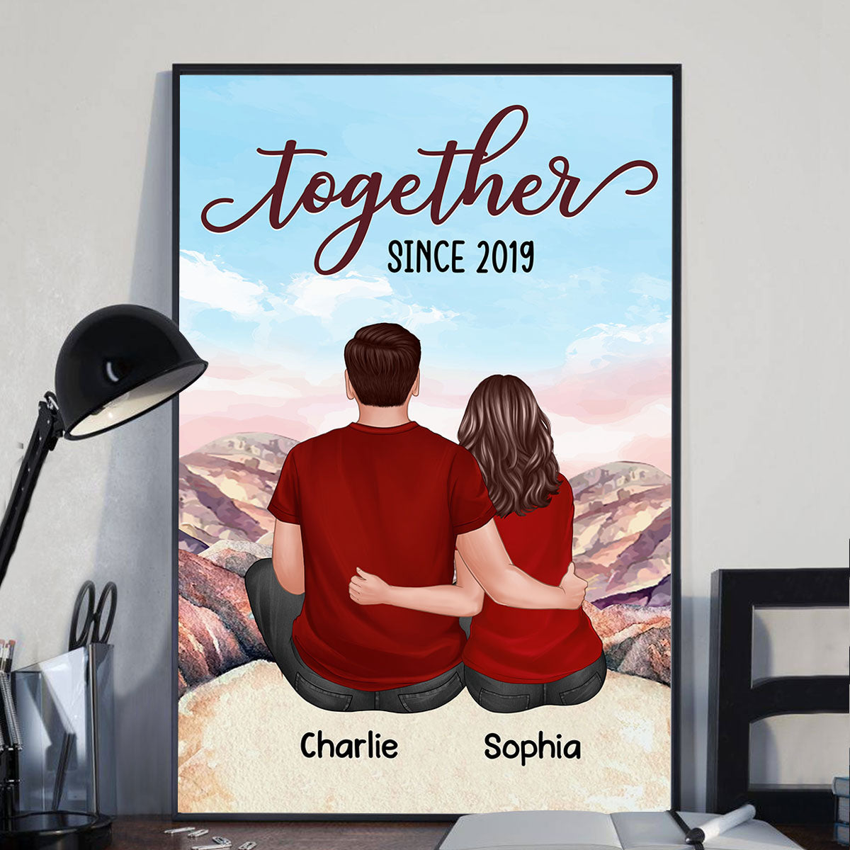 Couple Back View Sitting On The Cliff Personalized Vertical Poster