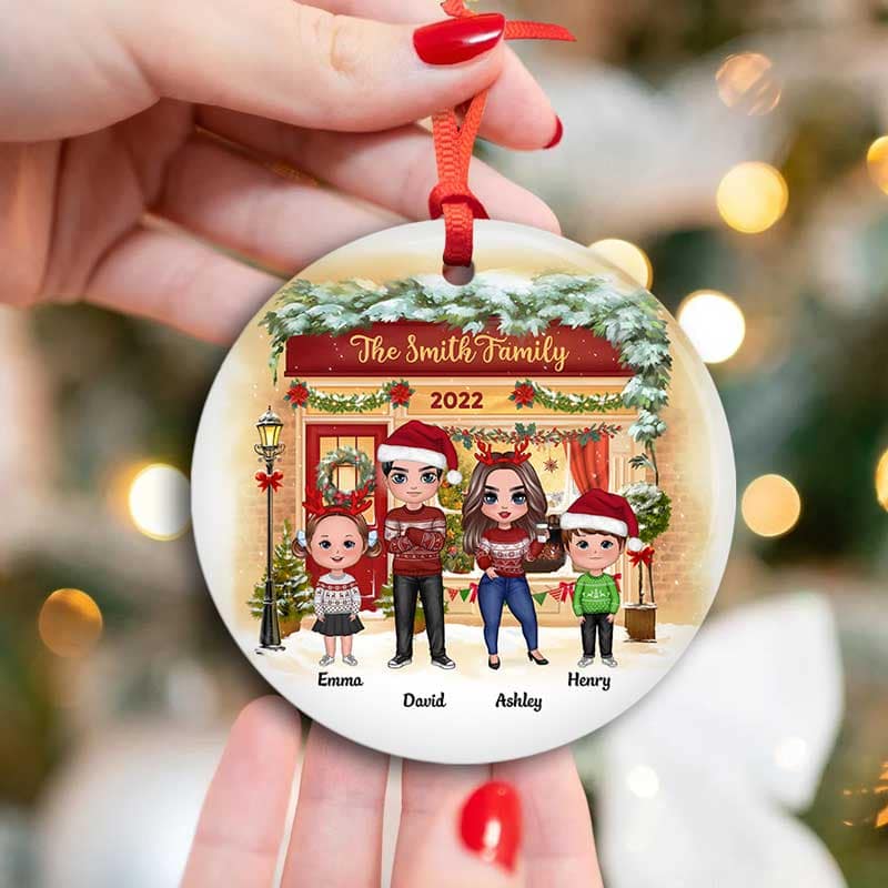 Family Standing On Front Porch Christmas Personalized Circle Ornament