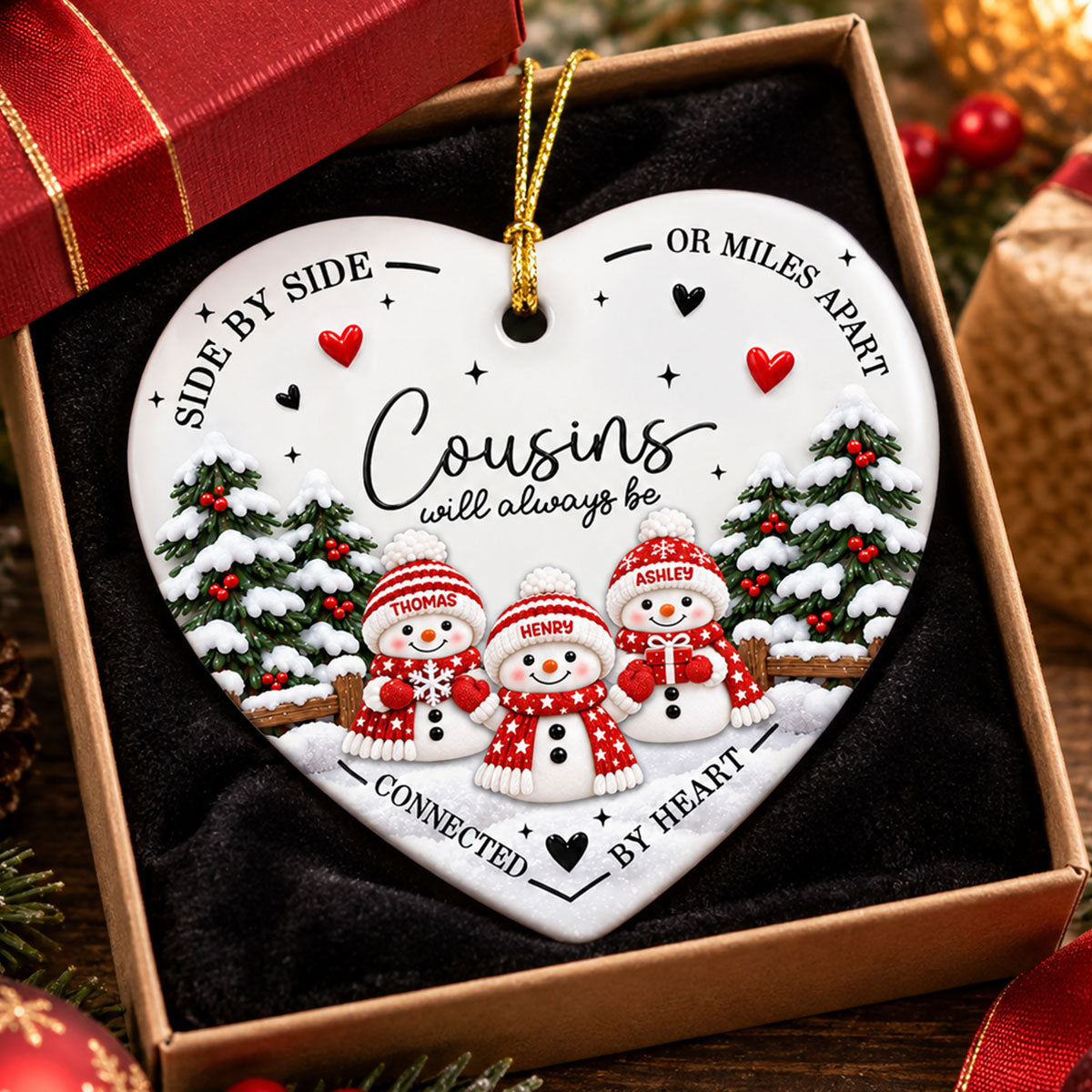 Cousins Connected By Heart - Personalized Ceramic Ornament - Christmas Gift For Cousins, Family
