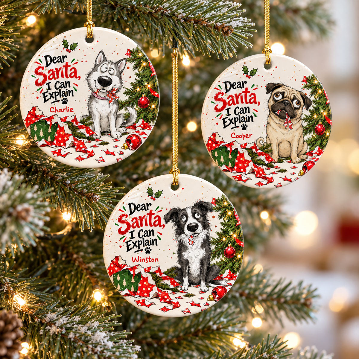 Dear Santa I Can Explain Funny Guilty Dog - Personalized Ceramic Ornament - Funny Christmas Tree Decor For Dog Lovers