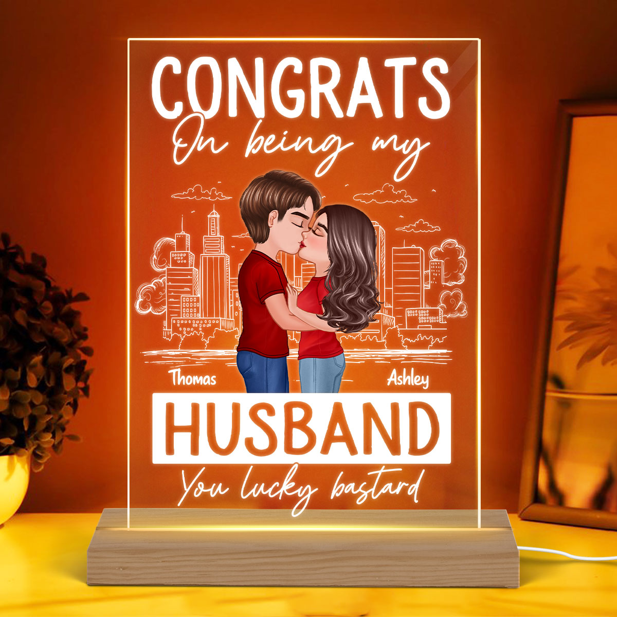Doll Couple Kissing Congrats On Being Outline Sketch Background Personalized Rectagle Acrylic LED Night Light