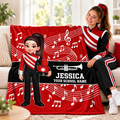 Custom Music Marching Band, Orchestra, Personalized Name, Color, School, Instrument, Trumpet, Clarinet, Tuba, Violine - Personalized Fleece Blanket - Christmas Gift For Son, Grandson, Daughter, Granddaughter