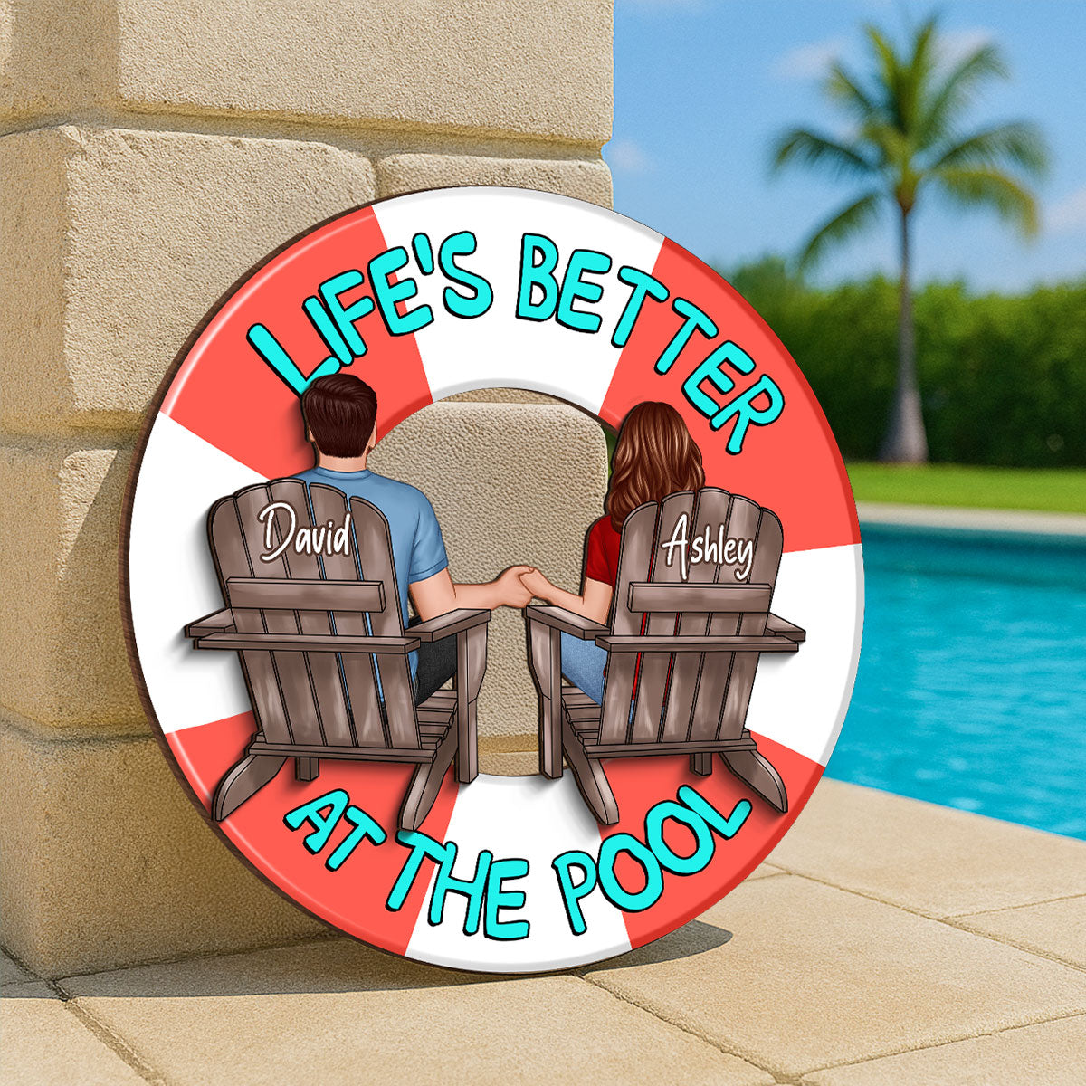 Couple Sitting Back View Poolside Swimming Float Personalized 2-Layer Wood Sign