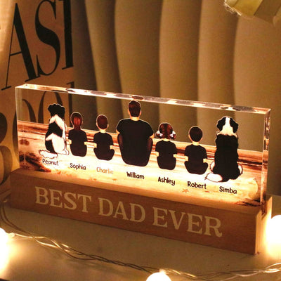 Retro Vintage Dad And Sons Daughters Sitting Beach Landscape Personalized Acrylic Block LED Night Light, Heartfelt Father's Day Gift For Dad